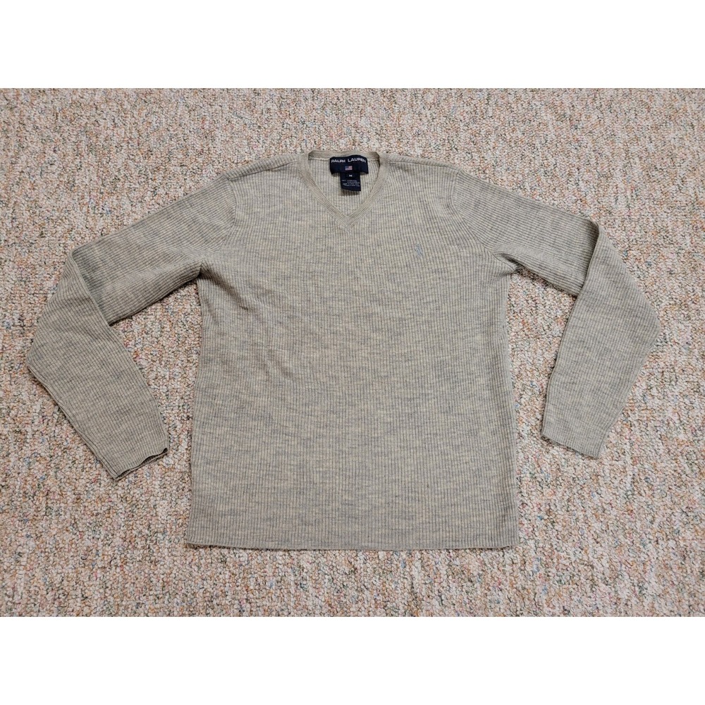 Polo Sport Ralph Lauren Sweater Mens Medium Beige 100%‎ Lambswool V Neck Vintage